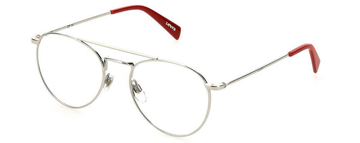 Profile View of Levi's Seasonal LV1006 Designer Single Vision Prescription Rx Eyeglasses in Palladium Silver Red Unisex Pilot Full Rim Stainless Steel 52 mm