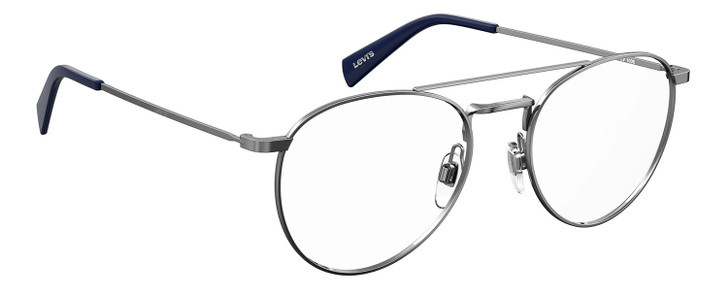 Profile View of Levi's Seasonal LV1006 Designer Single Vision Prescription Rx Eyeglasses in Dark Ruthenium Silver Navy Blue Unisex Pilot Full Rim Stainless Steel 52 mm