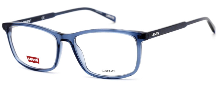 Profile View of Levi's Seasonal LV1018 Designer Reading Eye Glasses with Custom Cut Powered Lenses in Crystal Blue Unisex Rectangular Full Rim Acetate 55 mm