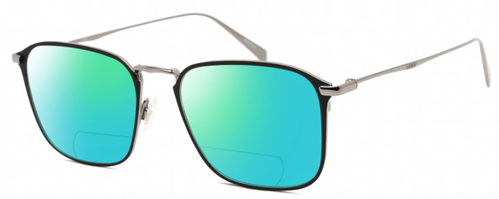 Profile View of Levi's Timeless LV5000 Designer Polarized Reading Sunglasses with Custom Cut Powered Green Mirror Lenses in Black Ruthenium Silver Unisex Square Full Rim Metal 52 mm