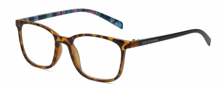 Profile View of Lulu Guinness LR75 Designer Reading Eye Glasses with Custom Cut Powered Lenses in Tortoise Havana Amber Brown Colorful Floral Ladies Panthos Full Rim Acetate 50 mm