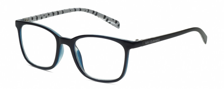 Profile View of Lulu Guinness LR75 Designer Reading Eye Glasses with Custom Cut Powered Lenses in Navy Blue Crystal White Black Polka Dot Ladies Panthos Full Rim Acetate 50 mm