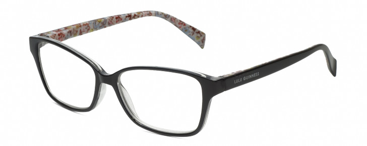 Profile View of Lulu Guinness LR76 Designer Single Vision Prescription Rx Eyeglasses in Gloss Black Floral Ladies Rectangular Full Rim Acetate 53 mm