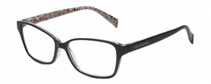 Profile View of Lulu Guinness LR76 Designer Bi-Focal Prescription Rx Eyeglasses in Gloss Black Floral Ladies Rectangular Full Rim Acetate 53 mm