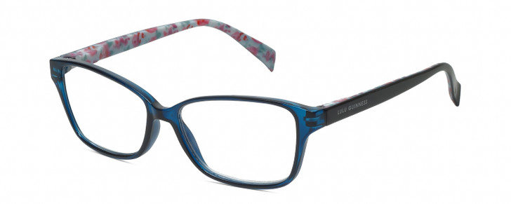 Profile View of Lulu Guinness LR76 Designer Bi-Focal Prescription Rx Eyeglasses in Navy Blue Crystal Floral Ladies Rectangular Full Rim Acetate 53 mm