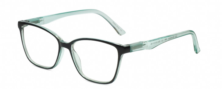 Profile View of Lulu Guinness LR81 Designer Reading Eye Glasses with Custom Cut Powered Lenses in Black on Teal Green Crystal Ladies Cat Eye Full Rim Acetate 53 mm