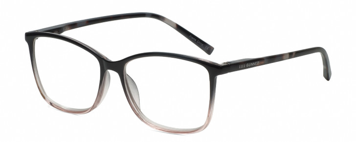Profile View of Lulu Guinness LR82 Designer Reading Eye Glasses with Custom Cut Powered Lenses in Black Pink Crystal Fade Ladies Square Full Rim Acetate 54 mm