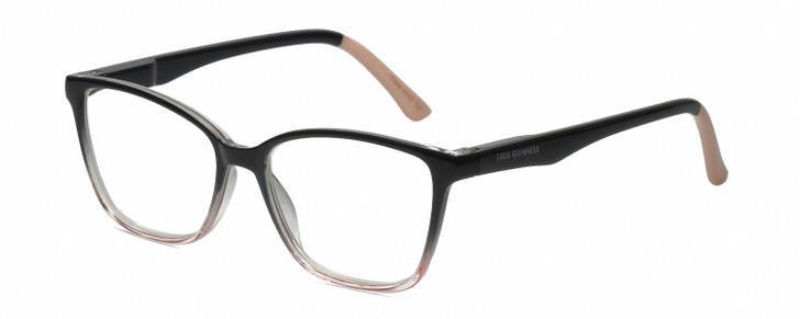 Profile View of Lulu Guinness LR83 Designer Single Vision Prescription Rx Eyeglasses in Black Blush Pink Crystal Fade Ladies Cat Eye Full Rim Acetate 53 mm