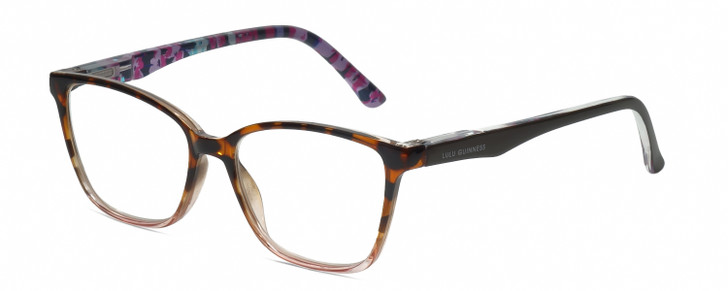 Profile View of Lulu Guinness LR83 Cat Eye Reading Glasses in Tortoise Havana Pink Crystal 53 mm