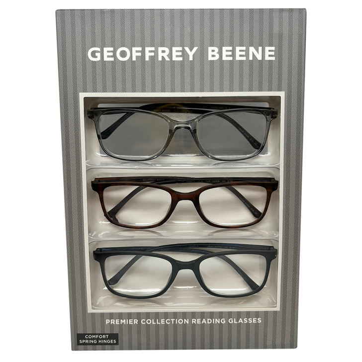 Profile View of Geoffrey Beene 3 PACK Men's Reading Glasses Matte Black Blue,Grey,Tortoise +2.00