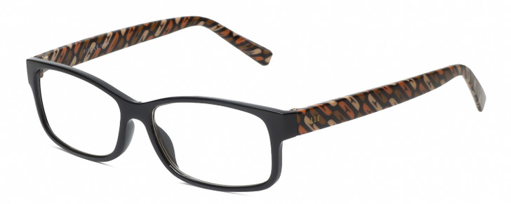 Profile View of Elle EL15560R Designer Blue Light Blocking Eyeglasses in Gloss Black Modern Art Olive Green Brown Tan Orange Ladies Rectangular Full Rim Acetate 55 mm