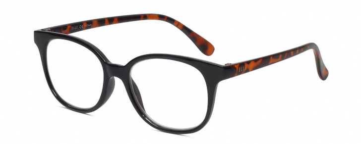 Profile View of Elle EL15576R Designer Single Vision Prescription Rx Eyeglasses in Black Crystal Tortoise Havana Spot Ladies Round Full Rim Acetate 50 mm