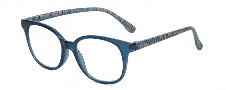 Profile View of Elle EL15576R Designer Progressive Lens Prescription Rx Eyeglasses in Crystal Blue White Diamond Logos Ladies Round Full Rim Acetate 50 mm