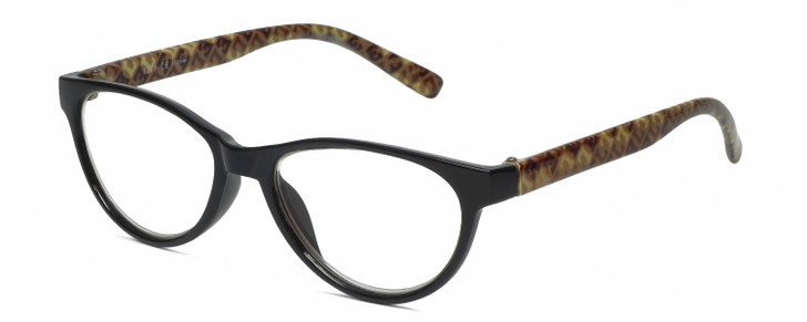 Profile View of Elle EL15579R Designer Single Vision Prescription Rx Eyeglasses in Gloss Black Logo Letter Yellow Ladies Oval Full Rim Acetate 51 mm