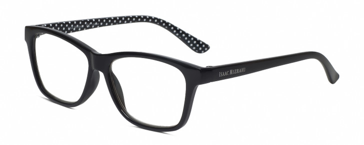 Profile View of Isaac Mizrahi IM31267R Designer Bi-Focal Prescription Rx Eyeglasses in Gloss Black White Polka Dot Ladies Panthos Full Rim Acetate 53 mm