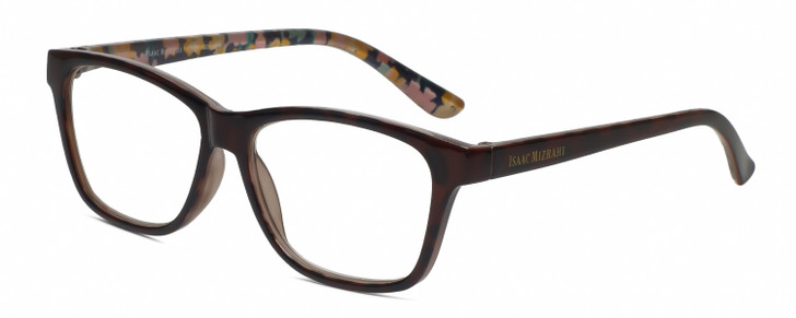 Profile View of Isaac Mizrahi IM31267R Designer Reading Eye Glasses with Custom Cut Powered Lenses in Brown Tortoise Spot Crystal Floral Yellow Ladies Panthos Full Rim Acetate 53 mm