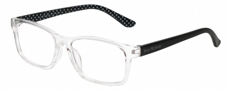 Profile View of Isaac Mizrahi Womens Reading Glasses in Crystal Clear Black White Polka Dot 51mm