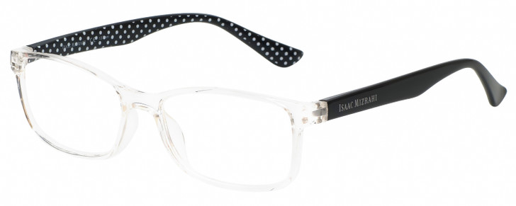 Profile View of Isaac Mizrahi Womens Reading Glasses in Clear Crystal Black White Polka Dot 55mm