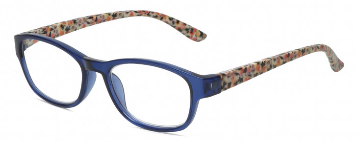 Profile View of Isaac Mizrahi Women's Reading Glasses Crystal Blue Floral White Pink Yellow 51mm