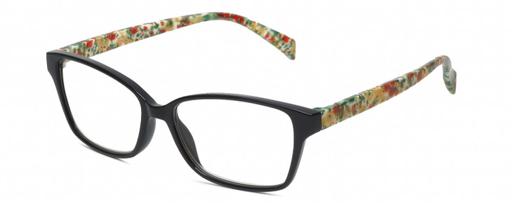 Profile View of Isaac Mizrahi IM31324R Designer Reading Eye Glasses with Custom Cut Powered Lenses in Gloss Black Floral Green Yellow Red Ladies Cat Eye Full Rim Acetate 52 mm