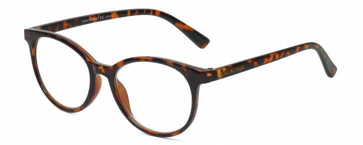 Profile View of Isaac Mizrahi IM31325R Designer Single Vision Prescription Rx Eyeglasses in Crystal Tortoise Havana Brown Gold Ladies Round Full Rim Acetate 49 mm