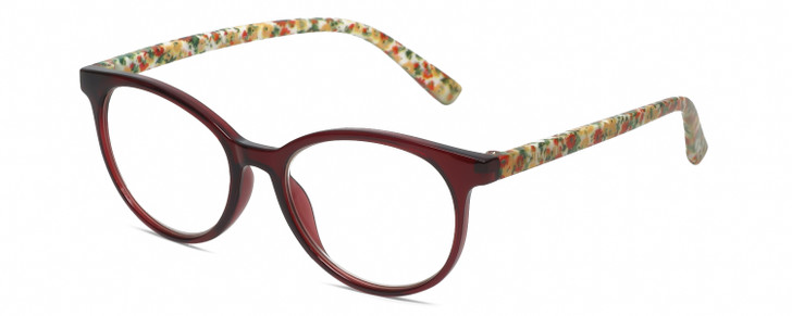 Profile View of Isaac Mizrahi IM31325R Designer Reading Eye Glasses with Custom Cut Powered Lenses in Crystal Wine Red Floral Green Yellow Ladies Round Full Rim Acetate 49 mm