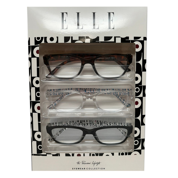 Profile View of Elle 3 PACK Gift Box Womens Reading Glasses in Tortoise,Crystal Pink,Black +1.50