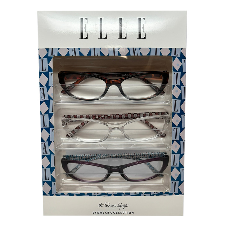 Profile View of Elle 3 PACK Gift Box Women Reading Glasses in Tortoise,Crystal,Plum Purple +1.50