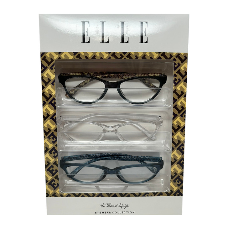 Profile View of Elle 3 PACK Gift Box Women's Reading Glasses Black,Crystal Clear,Blue Logo +2.00