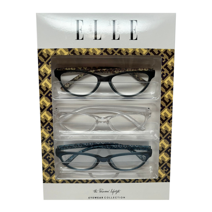 Profile View of Elle 3 PACK Gift Box Women's Reading Glasses Black,Crystal Clear,Blue Logo +2.50