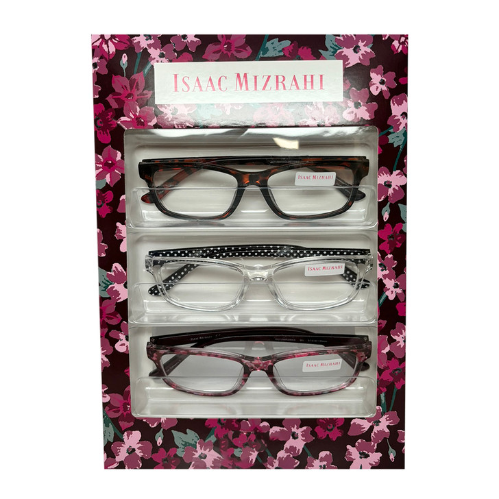 Profile View of Isaac Mizrahi 3 PACK Gift Box Women's Reading Glasses Crystal,Red,Tortoise +1.50