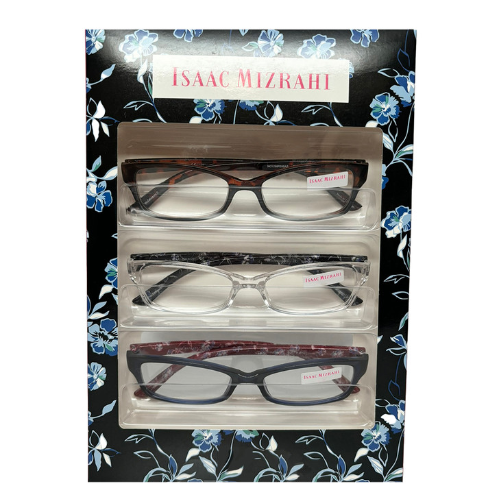 Profile View of Isaac Mizrahi 3 PACK Gift Box Womens Reading Glasses Tortoise,Crystal,Blue +1.50