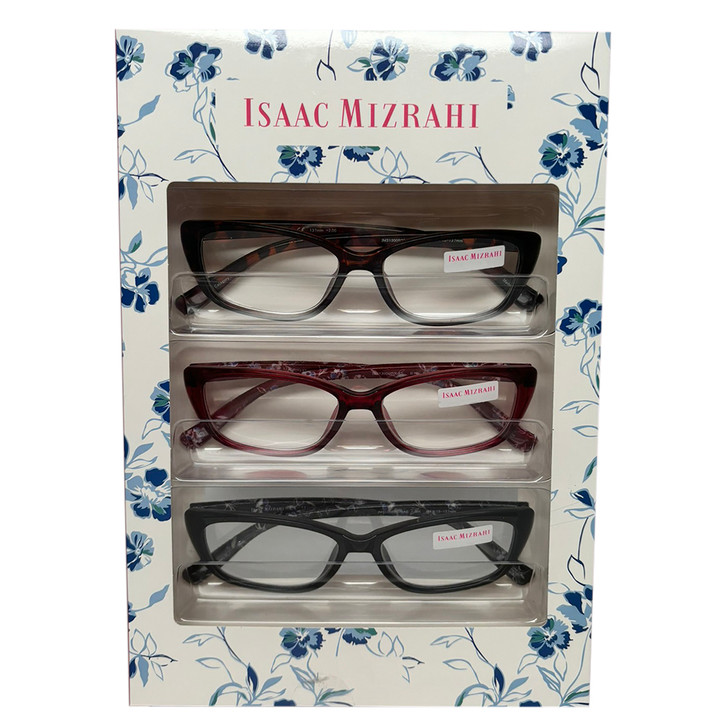 Profile View of Isaac Mizrahi 3 PACK Gift Box Womens Reading Glasses in Tortoise,Red,Black +1.50