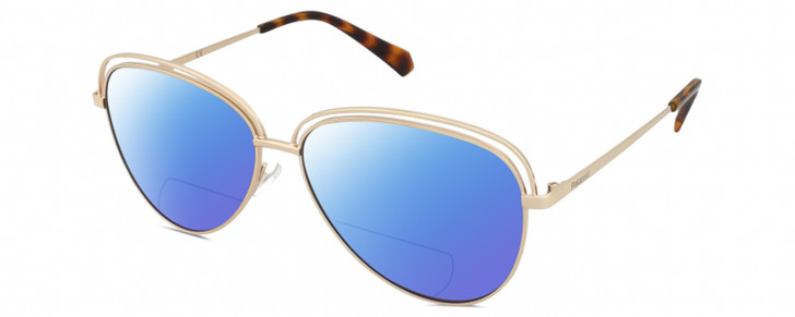 Profile View of Polaroid 4103/S Designer Polarized Reading Sunglasses with Custom Cut Powered Blue Mirror Lenses in Shiny Gold Tortoise Havana Brown Ladies Panthos Full Rim Metal 58 mm