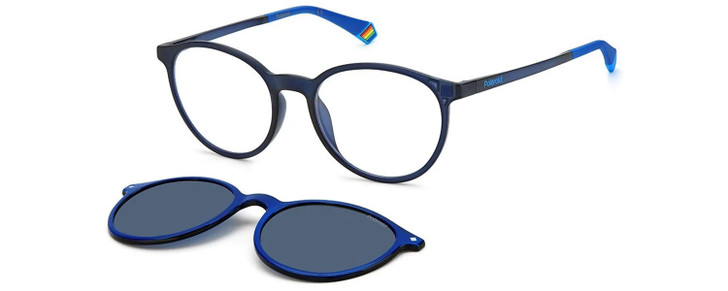 Profile View of Polaroid PLD-6137/CS Designer Progressive Lens Prescription Rx Eyeglasses in Navy on Royal Blue Unisex Round Full Rim Acetate 52 mm