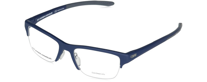 Profile View of Under Armour UA-5001/G Designer Reading Eye Glasses with Custom Cut Powered Lenses in Matte Navy Blue Slate Grey Mens Panthos Semi-Rimless Acetate 53 mm