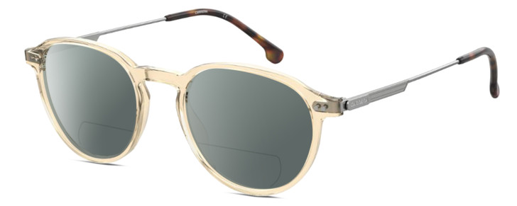 Profile View of Carrera CA-1119 Designer Polarized Reading Sunglasses with Custom Cut Powered Smoke Grey Lenses in Champagne Crystal Gold Silver Unisex Round Full Rim Acetate 49 mm