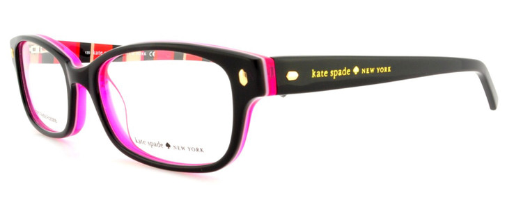 Profile View of Kate Spade LUCYANN Designer Single Vision Prescription Rx Eyeglasses in Gloss Black Pink Crystal Red Tan Stripes Ladies Oval Full Rim Acetate 49 mm