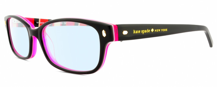 Profile View of Kate Spade LUCYANN Designer Blue Light Blocking Eyeglasses in Gloss Black Pink Crystal Red Tan Stripes Ladies Oval Full Rim Acetate 49 mm