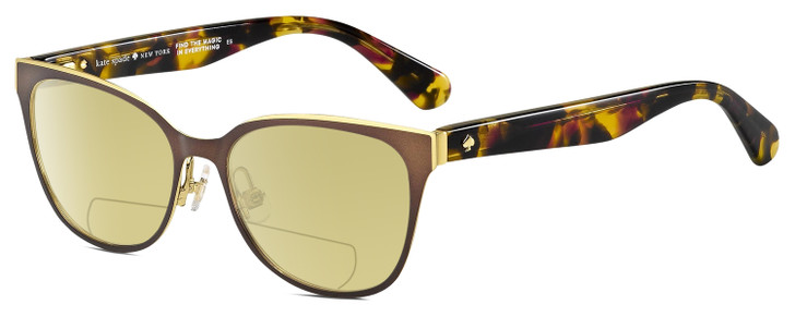 Profile View of Kate Spade VANDRA Designer Polarized Reading Sunglasses with Custom Cut Powered Sun Flower Yellow Lenses in Satin Brown Gold Tortoise Havana Pink Ladies Cat Eye Full Rim Stainless Steel 52 mm