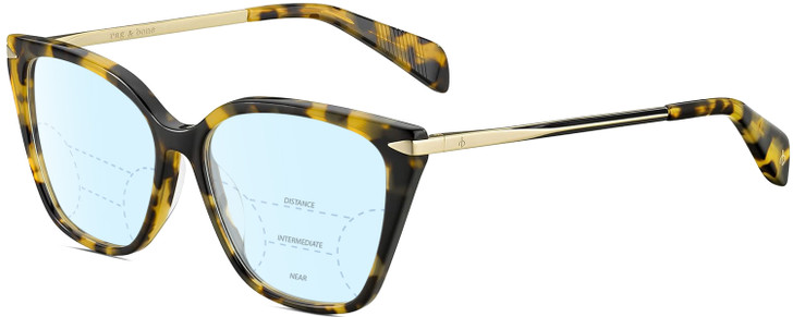 Profile View of Rag&Bone 3005 Designer Progressive Lens Blue Light Blocking Eyeglasses in Tortoise Havana Yellow Brown Gold Ladies Cat Eye Full Rim Acetate 53 mm