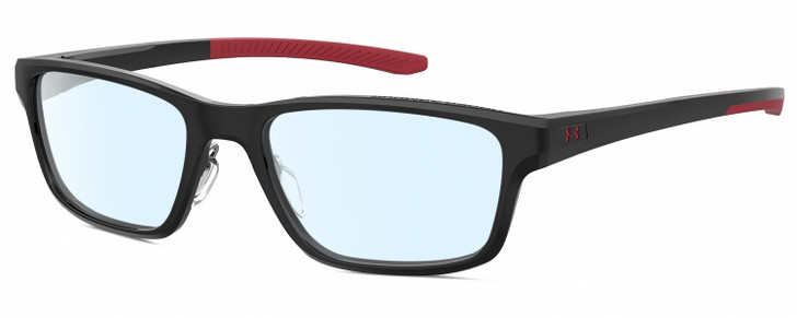 Profile View of Under Armour UA-5000/G Designer Blue Light Blocking Eyeglasses in Gloss Black Coral Red Mens Rectangle Full Rim Acetate 55 mm