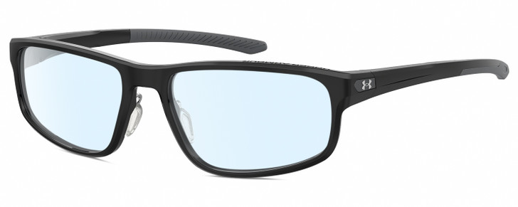 Profile View of Under Armour UA-5014 Designer Blue Light Blocking Eyeglasses in Gloss Black Matte Grey Mens Oval Full Rim Acetate 56 mm