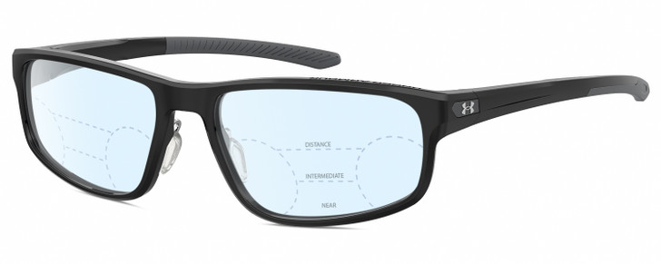 Profile View of Under Armour UA-5014 Designer Progressive Lens Blue Light Blocking Eyeglasses in Gloss Black Matte Grey Mens Oval Full Rim Acetate 56 mm