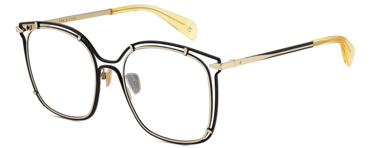 Profile View of Rag&Bone 1023 Designer Reading Eye Glasses with Custom Cut Powered Lenses in Gold Matte Black Yellow Crystal Ladies Square Semi-Rimless Metal 56 mm