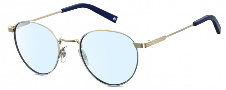 Profile View of Polaroid 2082/S/X Designer Blue Light Blocking Eyeglasses in Light Gold Navy Blue Unisex Panthos Full Rim Metal 49 mm