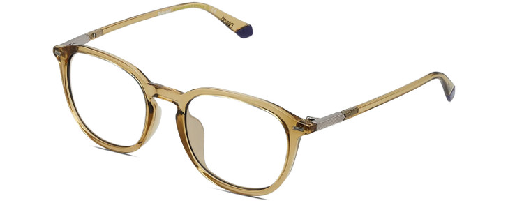 Profile View of Polaroid 2115/F/S Designer Reading Eye Glasses with Custom Cut Powered Lenses in Champagne Crystal Brown Navy Blue Unisex Panthos Full Rim Acetate 54 mm