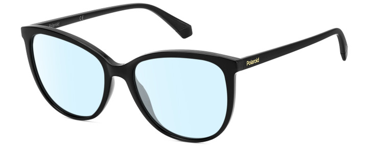 Profile View of Polaroid 4100/F/S Designer Blue Light Blocking Eyeglasses in Gloss Black Gemstone Crystal Accents Ladies Cat Eye Full Rim Acetate 59 mm