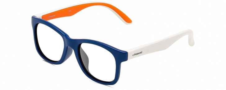 Profile View of Polaroid Kids 8001/S Designer Reading Eye Glasses in Sapphire Blue White Neon Orange Unisex Panthos Full Rim Acetate 48 mm