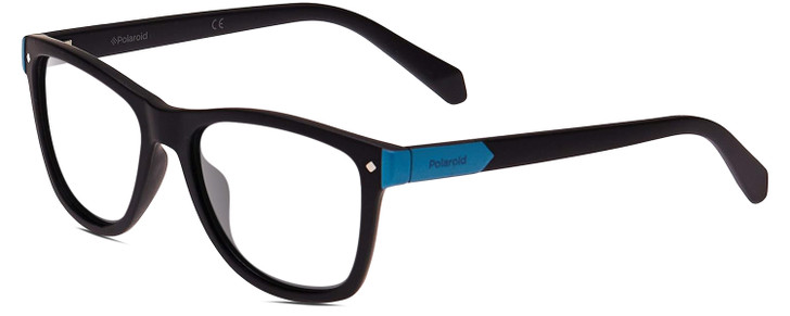 Profile View of Polaroid Kids 8025/S Designer Single Vision Prescription Rx Eyeglasses in Matte Black Blue Unisex Panthos Full Rim Acetate 48 mm